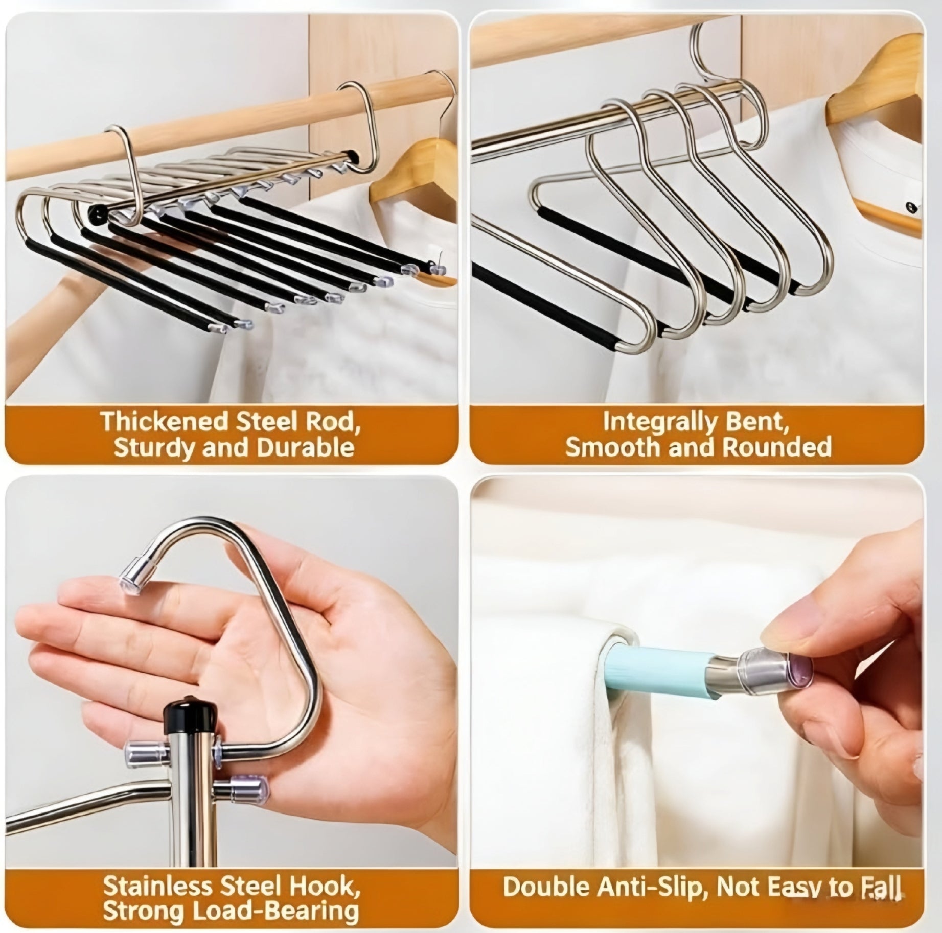 Movamart (Pack of 1) 5-in-1 Stainless Steel Foldable Clothes Hanger | Space Saving Multi-Layer Pants Hanger for Wardrobe | Magic Hanger for Jeans, Trousers, Leggings, Scarves & Clothes Organizer