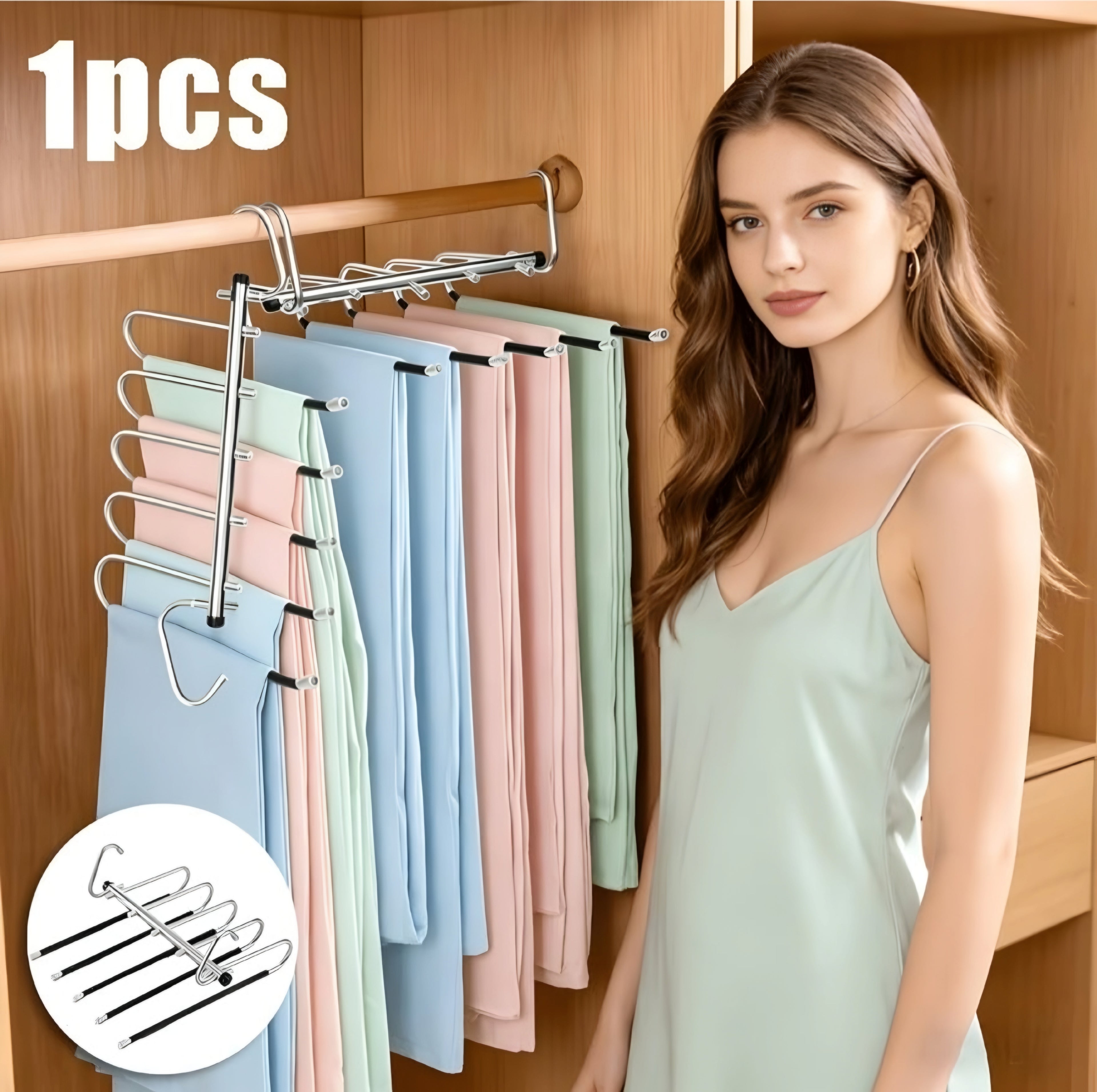 Movamart (Pack of 1) 5-in-1 Stainless Steel Foldable Clothes Hanger | Space Saving Multi-Layer Pants Hanger for Wardrobe | Magic Hanger for Jeans, Trousers, Leggings, Scarves & Clothes Organizer