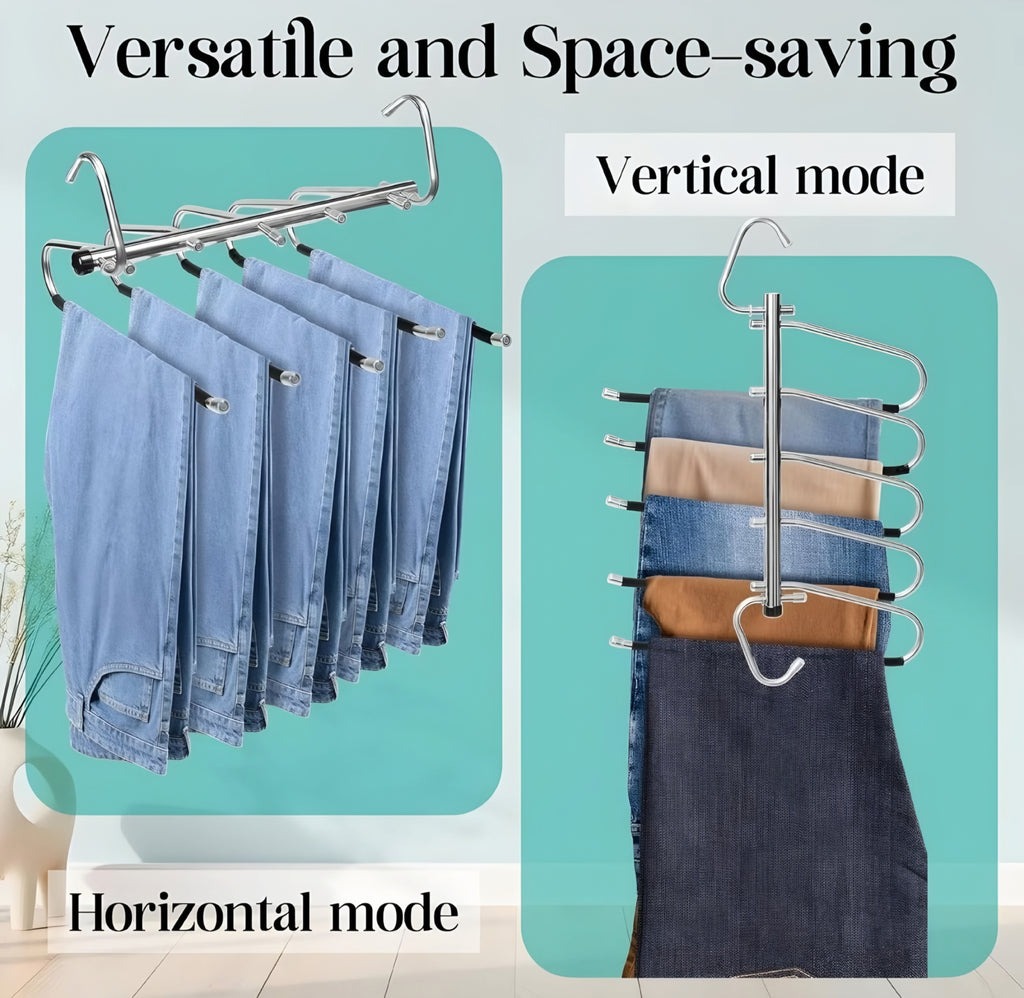 Movamart (Pack of 1) 5-in-1 Stainless Steel Foldable Clothes Hanger | Space Saving Multi-Layer Pants Hanger for Wardrobe | Magic Hanger for Jeans, Trousers, Leggings, Scarves & Clothes Organizer