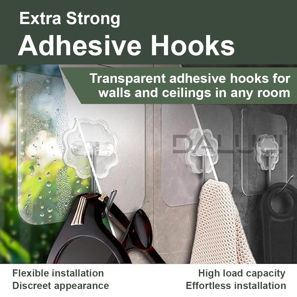 DALUCI Self-Adhesive Wall Hooks  Heavy-Duty Transparent Hooks | Nail-Free Wall Hangers for Home & Kitchen ( 20 pcs )