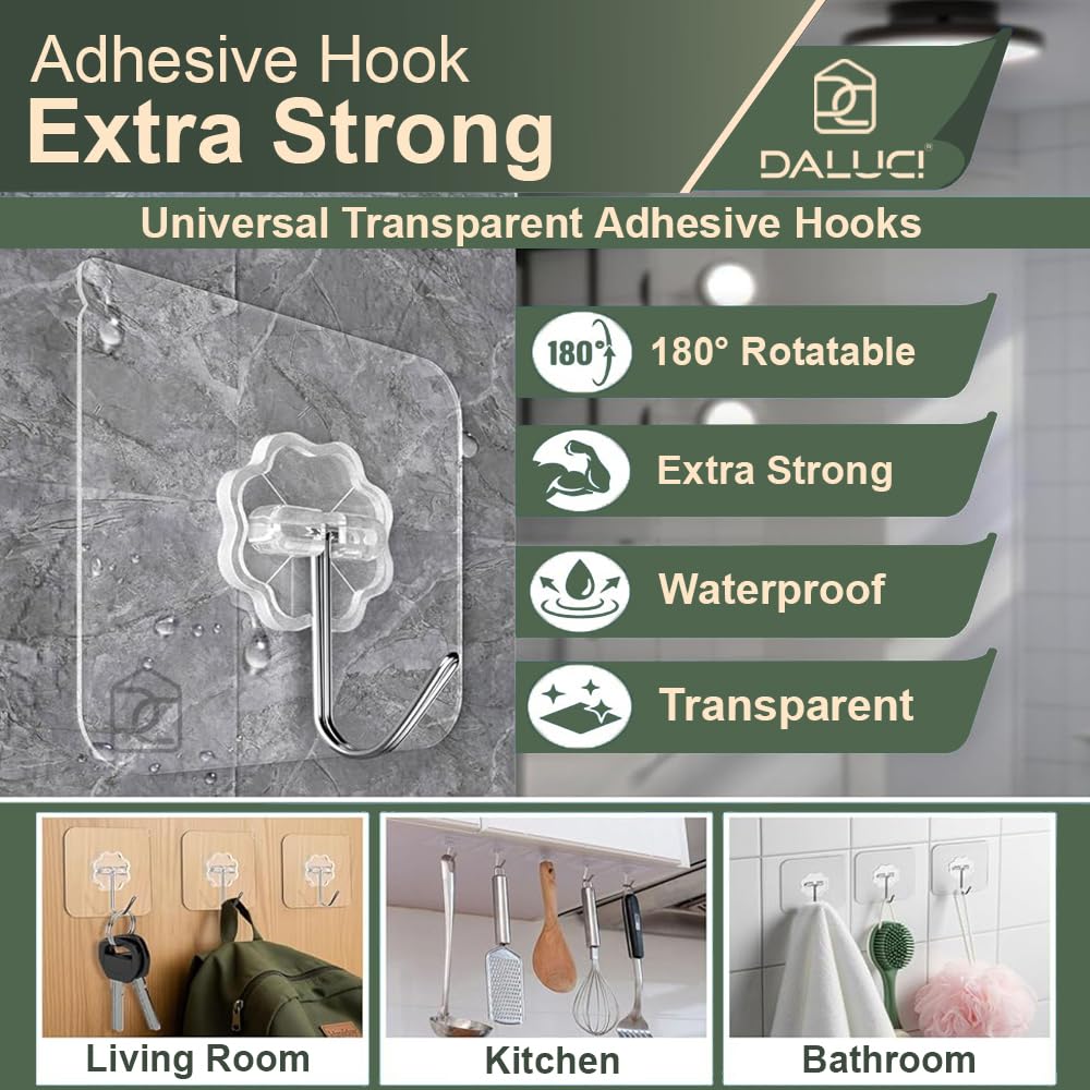 DALUCI Self-Adhesive Wall Hooks  Heavy-Duty Transparent Hooks | Nail-Free Wall Hangers for Home & Kitchen ( 20 pcs )